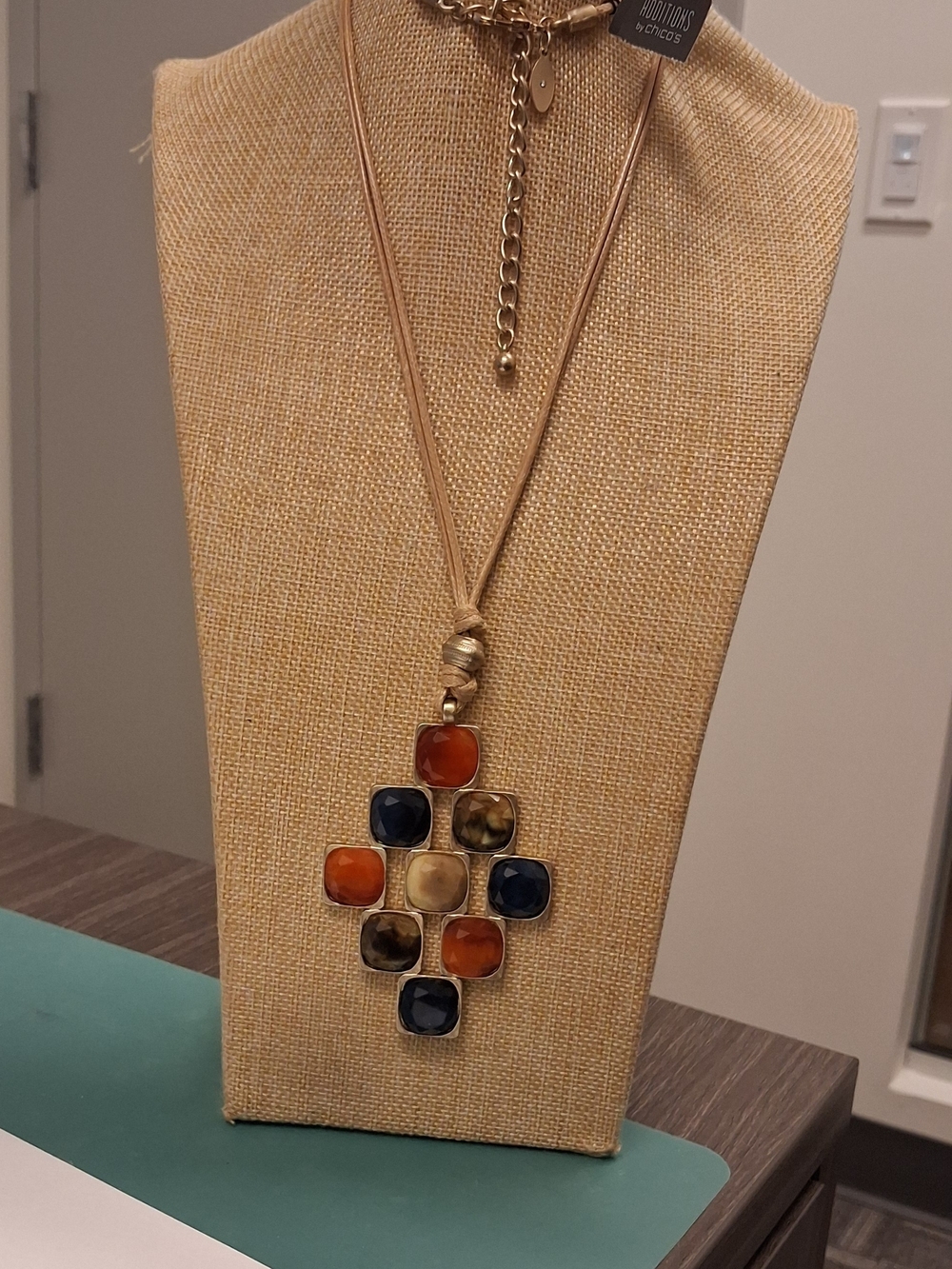Chico's Gold-Tone Pendant Necklace with Orange, Navy & Cream Stones NWT